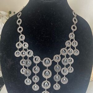 Chico’s Dramatic Silver Statement Necklace with Clear Crystal Drops